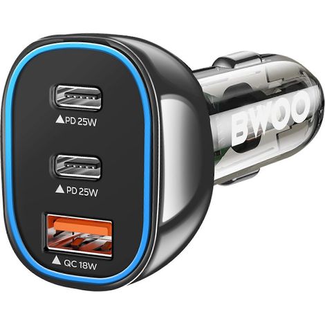 Compatible avec les chargeurs de voiture, il dispose de 2 ports USB-C + 1 port USB, prend en charge la charge rapide 65 W, un éclairage LED et une finition noire transparente. (1/5)
