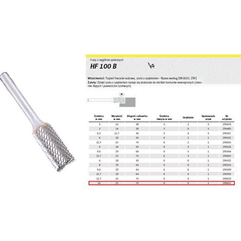 Klingspor 295622 Frese of Carbide, HF 100 B, 6 dentature, 6 mm Diametro of Shank, 16 mm x 25 mm x 70 mm