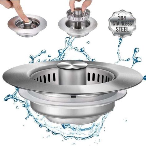 Bouchon Evier Cuisine,avec crépine Anti-colmatage,Bouchon d'évier escamotable en Acier Inoxydable 304,crépine d'évier de Cuisine 3 en 1,Filtre Les résidus Alimentaires,évite Les odeurs (1)