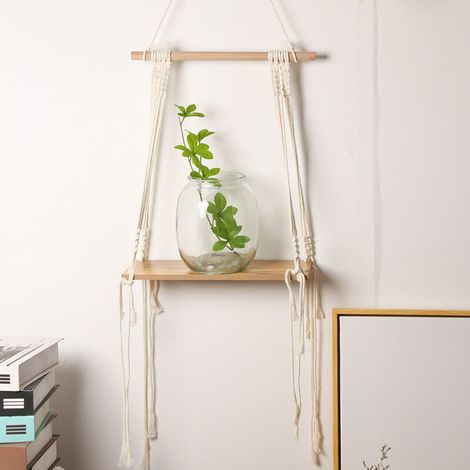Étagère murale en bois, macramé, style bohème, plantes, pompons simples, instructions