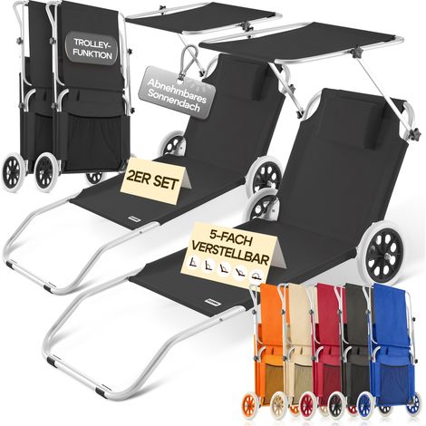 CASARIA® Set of 2 Foldable Sun Loungers with Wheels & Sun Canopy – 5-Position Adjustable Aluminum Lounger for Garden, Beach, Balcony, Patio, Pool, or Camping  Beige (1/5)