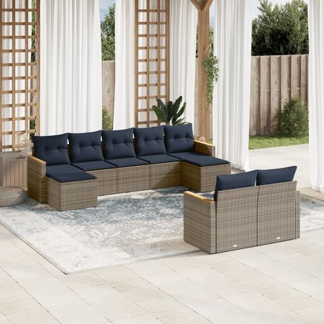 9-teiliges Gartensofa-Set mit Kissen, grau, Polyrattan (1/5)