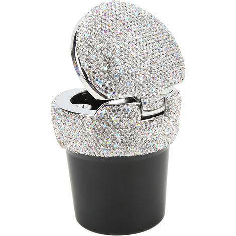 Cendrier de voiture avec inserts en forme de diamant, compartiment sans fumée et indicateur lumineux LED, multifonctionnel, universel (blanc) (1/5)