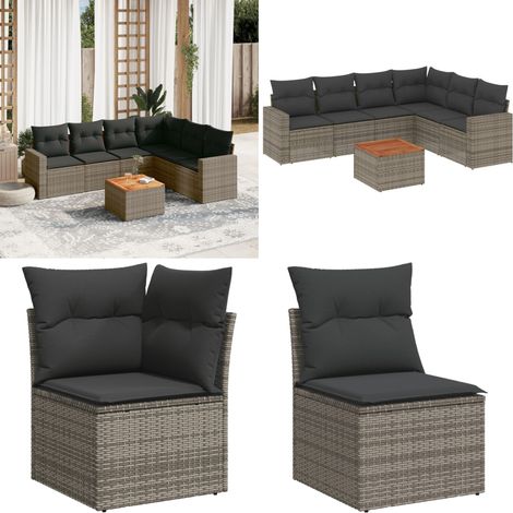 Salon de jardin avec coussins 7 pcs gris résine tressée - Salon De Jardin - Mobilier Extérieur - Set Salon De Jardin - Résine Tressée - Rotin Synthétique - Home & Living (1/5)
