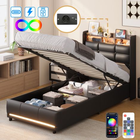 Lit coffre hydraulique 90x200 cm avec tête de lit en PU noir,LED,USB,Prises EU intégrées,Lit Simple,Lit Adolescent Moderne (1/5)