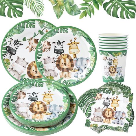 Assiettes Jetables Jungle Animals - 96pcs Safari thème Vaisselle Gobelets Jetables Vaisselle Jetable Serviette pour Fête De Mariage Baby Shower Fête prénatale, Anniversaire, Fête à Thème Jungle (1/5)