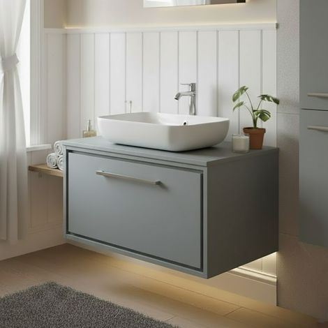 Hudson Reed Lille Wall Hung 1-Drawer Vanity Unit with Worktop 800mm Wide - Coastal Grey
