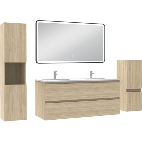 Ocean Meuble salle de Bain 120cm avec colonne + miroir mural lumineux 3 couleurs Chêne Wotan