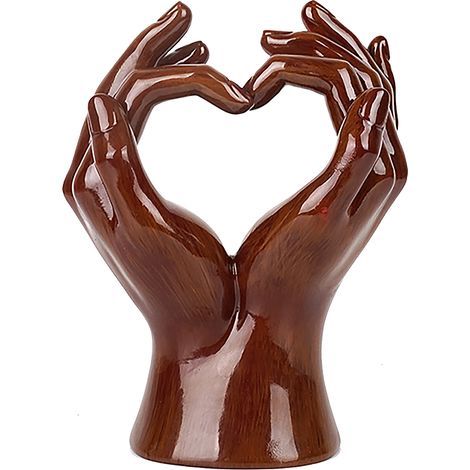 Ornement cœur main en résine imitation bois - Décor festif pour maison ou entrée - Signe d'amour avec deux doigts