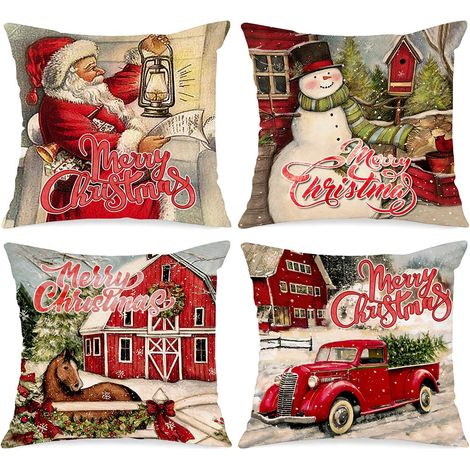 Lot de 4 housses de coussin de Noël 45 x 45 cm, motif Père Noël vintage, décoration d'intérieur (1/5)