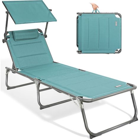 HOMECALL Gartenliege Sonnenliege AluLiege Liegestuhl Liege Klappbar, Textilene Mit Dickem Schwamm, Mit Verstellbare Rückenlehne, Sonnenblende, Kopfpolster, bis 180KG-Türkis (1/5)
