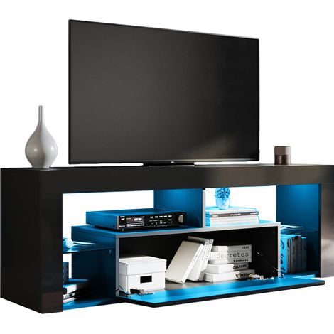 SONNI TV Schrank Schwarz TV Lowboard mit LED Beleuchtung 140x35x50.5cm, mit Klapptür Glasregal Hochglanz TV-Möbel (1/5)