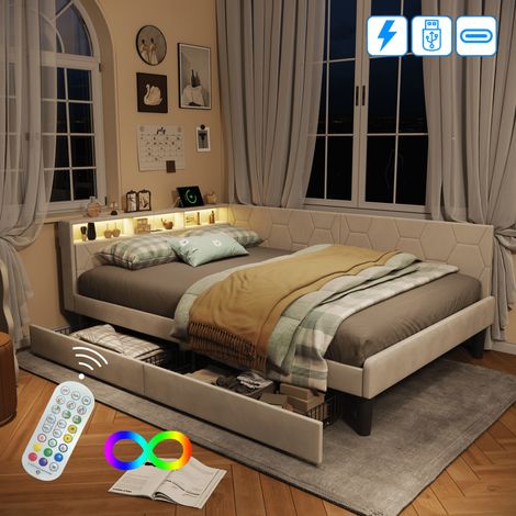 Lit double 140x200 cm avec 2 tiroirs, tête de lit capitonné avec éclairage LED et ports USB, canapé lit convertible, sommier à lattes en bois, velours, beige (1/5)