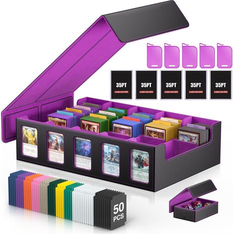 Boîte rangement cartes MTG avec vitrine Commander, 3900+ cartes, deck box 5 compartiments avec couvercle amovible, organiseur TCG PTCG cartes sport, compatible Toploader, 50 séparateurs (Violet) (1/5)