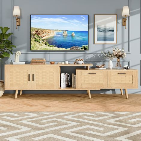 Meuble TV - longueur ajustable - 169x29x44 cm, avec 2 tiroirs placard de rangement - Jambes hautes - Couleur bois naturel (1/5)