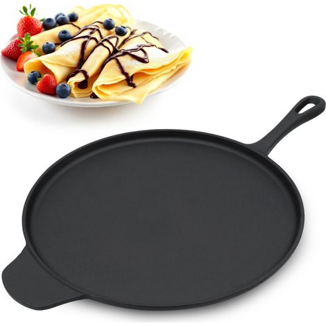 Gusseisen Crêpes und Pizza Pfanne - Ø 30 cm - Eisenpfanne massiv für Herd Ofen und Grill mit Griff