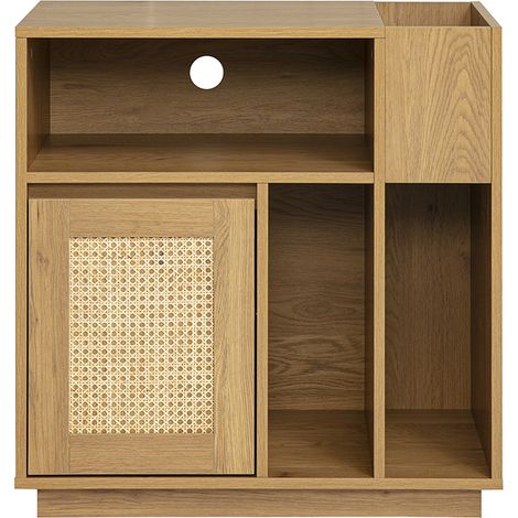 Buffet de rangement vinyles finition bois clair chêne et cannage rotin L72 cm ALICANTE (1/5)