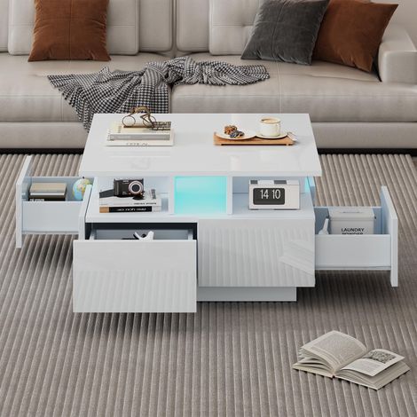 707040cm wohnzimmer teetisch, hochglanz kaffeetisch, Couchtisch mit LED licht, sofatisch mit 4 schubladen,Beistelltisch mit geometrische Design, Weiß, Gesamttragkraft 30kg (1/5)