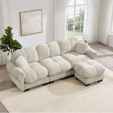 Canapé d'angle 260/149 cm en chenille kaki clair avec pouf mobile et 2 coussins (1/5)