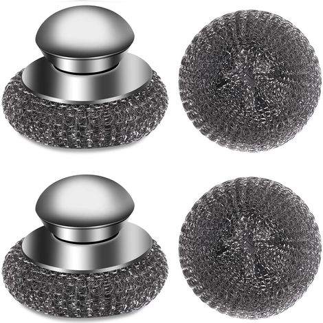 Ensemble de 4 brosses en laine d'acier avec tampons en éponge métallique de rechange, brosses en acier inoxydable avec manches, fer (2 brosses + 2 tampons) (1/5)