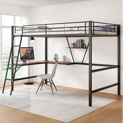 Letto a soppalco 90x200 cm nero in metallo e MDF con scrivania a L e scaffale (1/5)