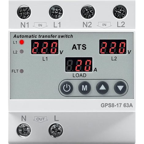 Interruttore di trasferimento automatico (ATS) monofase da 63 A CA 220 V con display a LED, protezione da sovratensione e sottotensione per inverter e generatori di rete (GPS8-17)