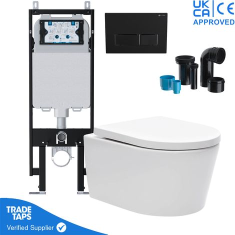 Luxury Wall Hung Rimless Toilet Pan with VIVA Slim Concealed Cistern Frame 1.14-1.35m & Square Matt Black Flush Plate (1/5)