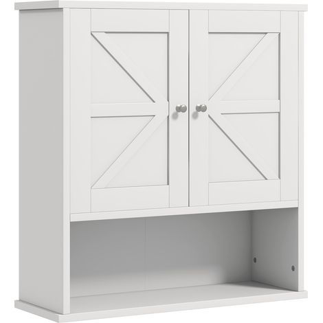 Meuble de salle de bain mural, style rustique, avec compartiments, étagère réglable, 2 portes, blanc (1/5)