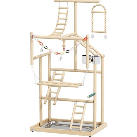 Aire de jeu pour oiseaux en bois clair à 4 niveaux avec plateau en acier inoxydable, accessoires ludiques et montage rapide, pour perroquets et perruches CHICFURN (1/5)