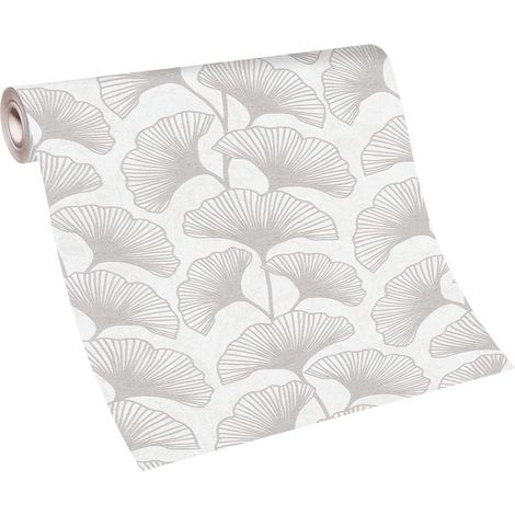 Papier peint ginkgo gris clair idéal salon | Tapisserie grise & blanche motif feuille chambre | Papier peint motif feuille intissé moderne (1/5)