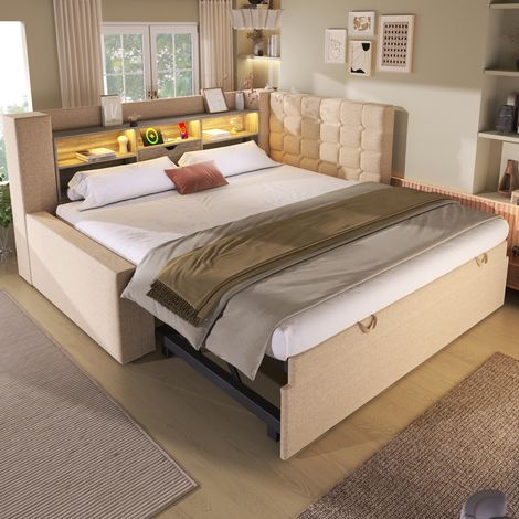 MODFU – Letto a panca estraibile per bambini 90x200 cm in lino e metallo con LED, USB, USB-C, testiera reversibile, portata 200 kg e 3 colli – Beige (1/5)