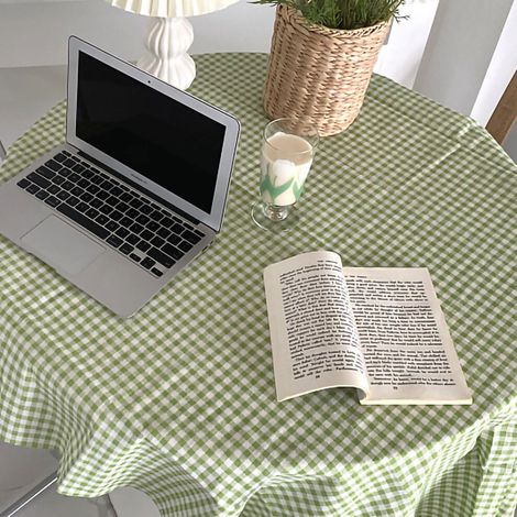 Grüne karierte Tischdecke aus Leinen-Baumwolle, 150 x 150 cm, geeignet für Zuhause und Büro.