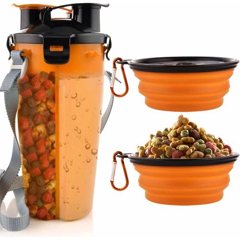 Dog Water Bottle with 2 Collapsible Bowls Portable 2 in 1 Water Bottle and Food for Dogs Cat Pets, Travel Bottle for Walking, Exercise, Hiking, Camping (Orange) (1/5)