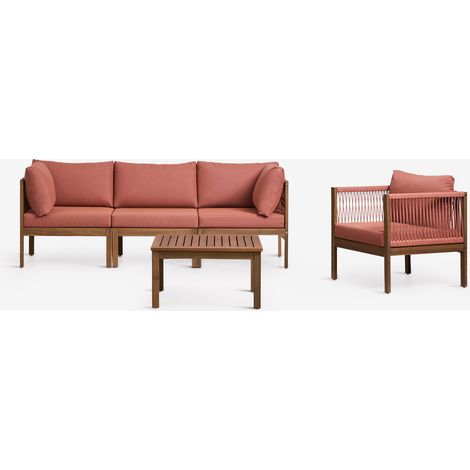 SKLUM Garten-Set mit 3-teiliger modularer Sofagarnitur mit Armlehnen, Sessel und Couchtisch aus Akazienholz Branson Terrakotta – Akazienbraun                                  