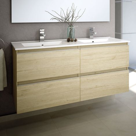 Meuble de salle de bain 140cm double vasque - 4 tiroirs - sans miroir - bambou (chêne clair) - BALEA (1/4)