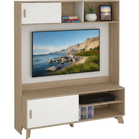 Dmora - Mobile porta TV Emeline, Credenza da soggiorno, Armadio basso per TV, Base parete attrezzata, 159x48 h181 cm, Rovere e Bianco