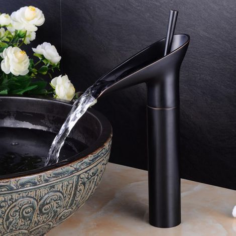 Mitigeur Lavabo Haut Robinet Vintage Salle de Bain Cascade À Poignée Unique Robinet Vasque à Poser Chaud Et Froid Noir (1/3)
