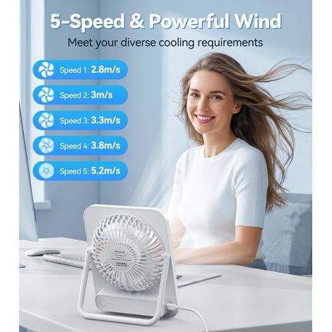 Ventilateur de Table, Ventilateur de Bureau Silencieux USB (non rechargeable), 5 Vitesses, Mini Ventilateur Portable Ultra‑plat 33 mm, 2‑en‑1 Vertical ou Suspendu, Écran LED, Câble USB 110 cm (1/4)