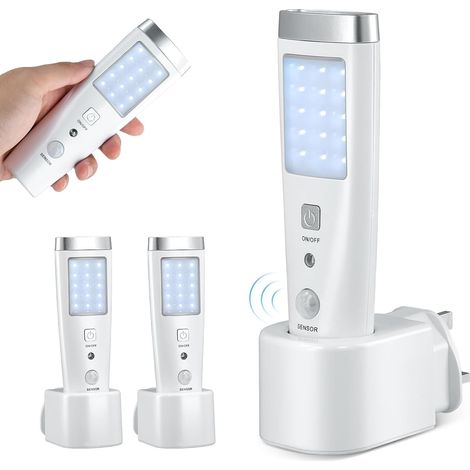 Paquete de 2 luces nocturnas LED 4 en 1 con sensor de movimiento, base recargable y linterna para cortes de energía de emergencia. (1/5)