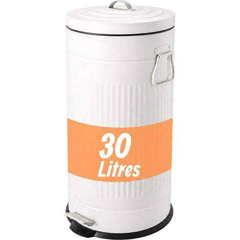 Relaxdays pedal bin, 30 L, kitchen, removable inner bin, foot pedal, soft-close, metal, retro pedal bin, white