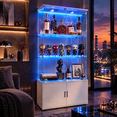 JOOKGBD-Vitrine en Verre avec LED,Vitrine pour Collection,Armoire Vitrine Pour Collection avec Porte étagères Transparent,Meuble VITRINES Verre,pour salon chambre bureau,Blanc