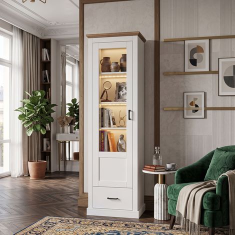 Creahappy Vitrine d'Exposition LED 50x35x178 cm - Gain de Place - Meuble Colonne Verre Trempé et Bois - Blanc Mat et Chêne (1/5)