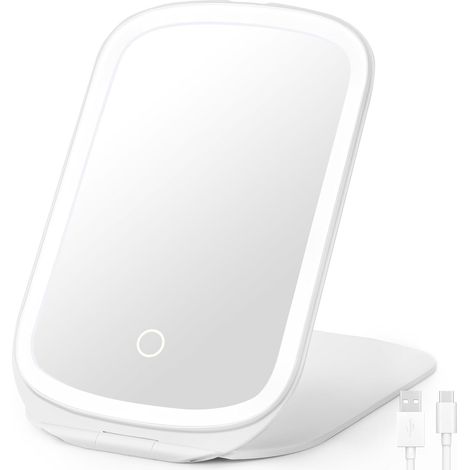 Miroir Maquillage Lumineux, Pliable Miroir Portable, Miroir LED Maquillage avec 3 Lumières Colorées, Miroir de Table Super HD avec Écran Tactile pour Coiffeuse Chambre Voyage Rasage (Blanc)