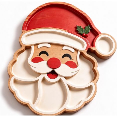 Plateau de Noël en bois compartimenté, forme Père Noël, assiette apéritive pour fruits, noix, fromages et décoration de table (1/5)