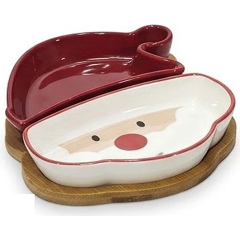 Antipastiera Natalizia 2 scomparti in Ceramica base in legno Babbo Natale Rosso Bianco Set 3 pezzi vassoio e 2 ciotole aperitivo design festivo idea regalo perfetta per tavola e feste (1/5)