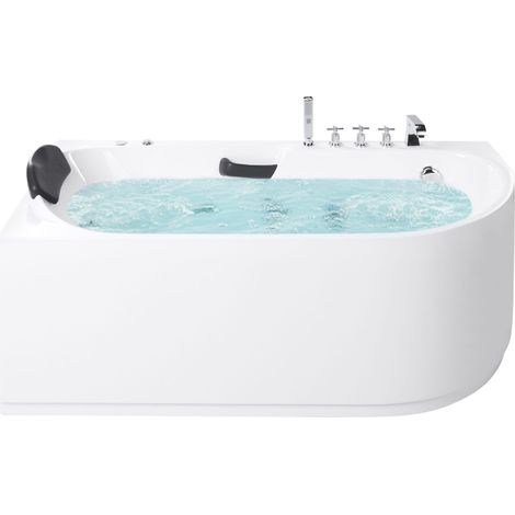 Right Hand Bathtub White Silver Acrylic Stainless Steel 1700 x 800 mm Fittings with Hydro Massage Headrest SAYULA (1/5)