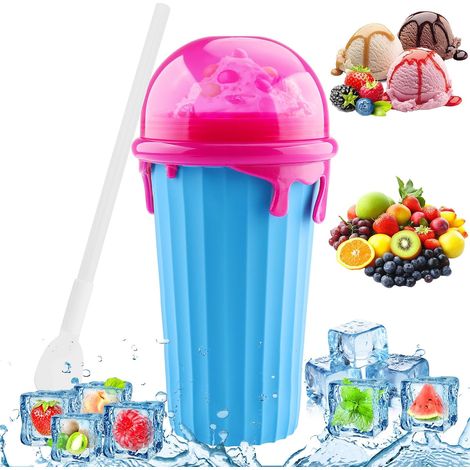 Bicchiere per granita da 350 ml, in silicone, con cannuccia e cucchiaio 2 in 1, riutilizzabile, per preparare cola o succhi fai da te, magico produttore di granita per bambini e famiglie, blu (1/5)