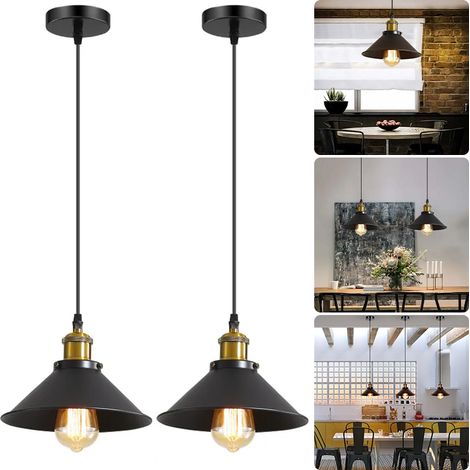Lot de 2 lustres industriels, suspensions en métal, plafonniers, lampes suspendues avec ampoule, lumière chaude 3000 K, hauteur réglable, φ22 cm (1/5)