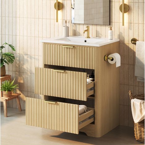 Mueble lavabo 61 cm con lavabo cerámico, cajones de almacenamiento, portarrollos reversible, madera natural (1/5)