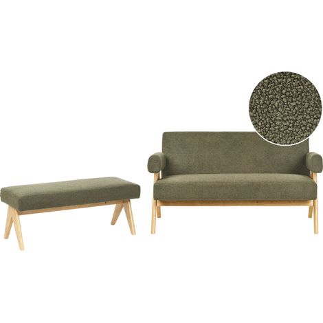 Ensemble de Salon Rétro Canapé 2 Places et Banquette Pieds en Bois Marron Clair Revêtement Rembourré Bouclé Vert Tamre